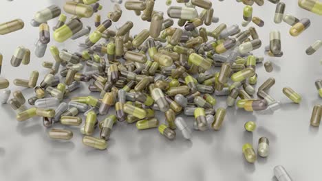 Pills-drugs-capsules-falling-on-white-table-counter-top-slow-motion-closeup-4K